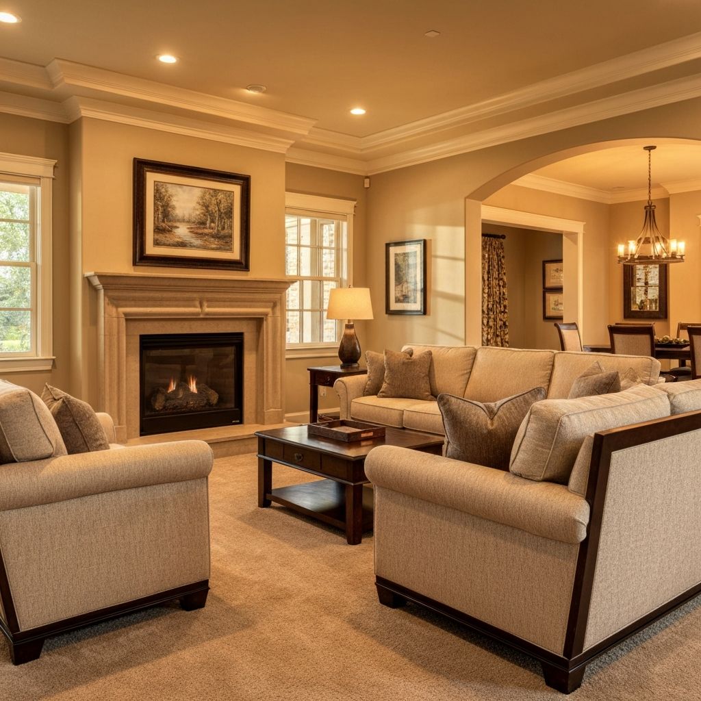 Plush beige carpet in cozy living room with fireplace